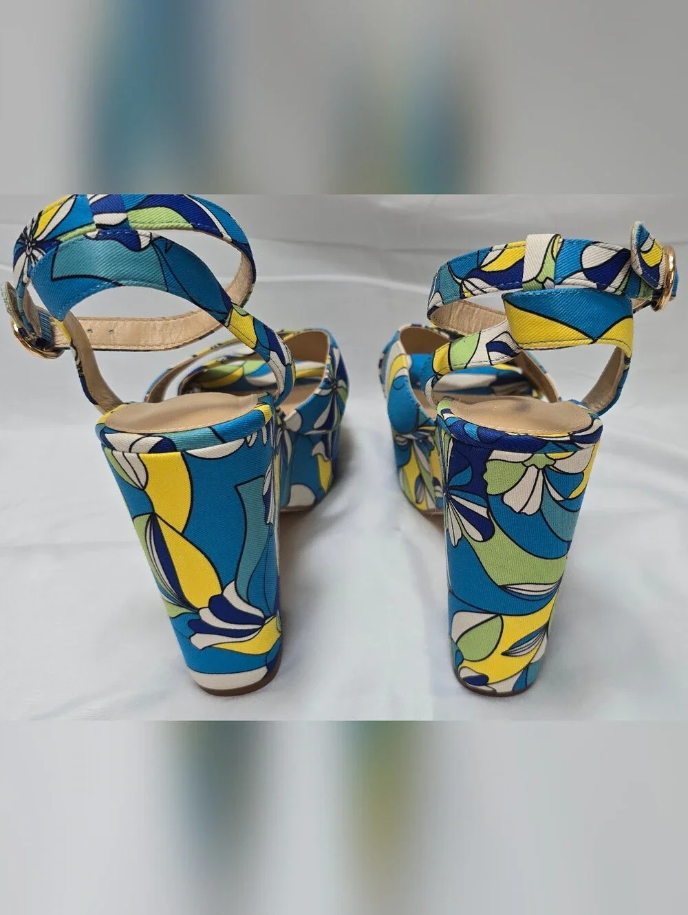 JustFsb Retro Floral Platform Wedge Sandals Blue Green Yellow